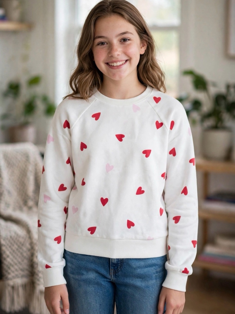 GAP Kids White Sweatshirt with Red and Light Pink Hearts